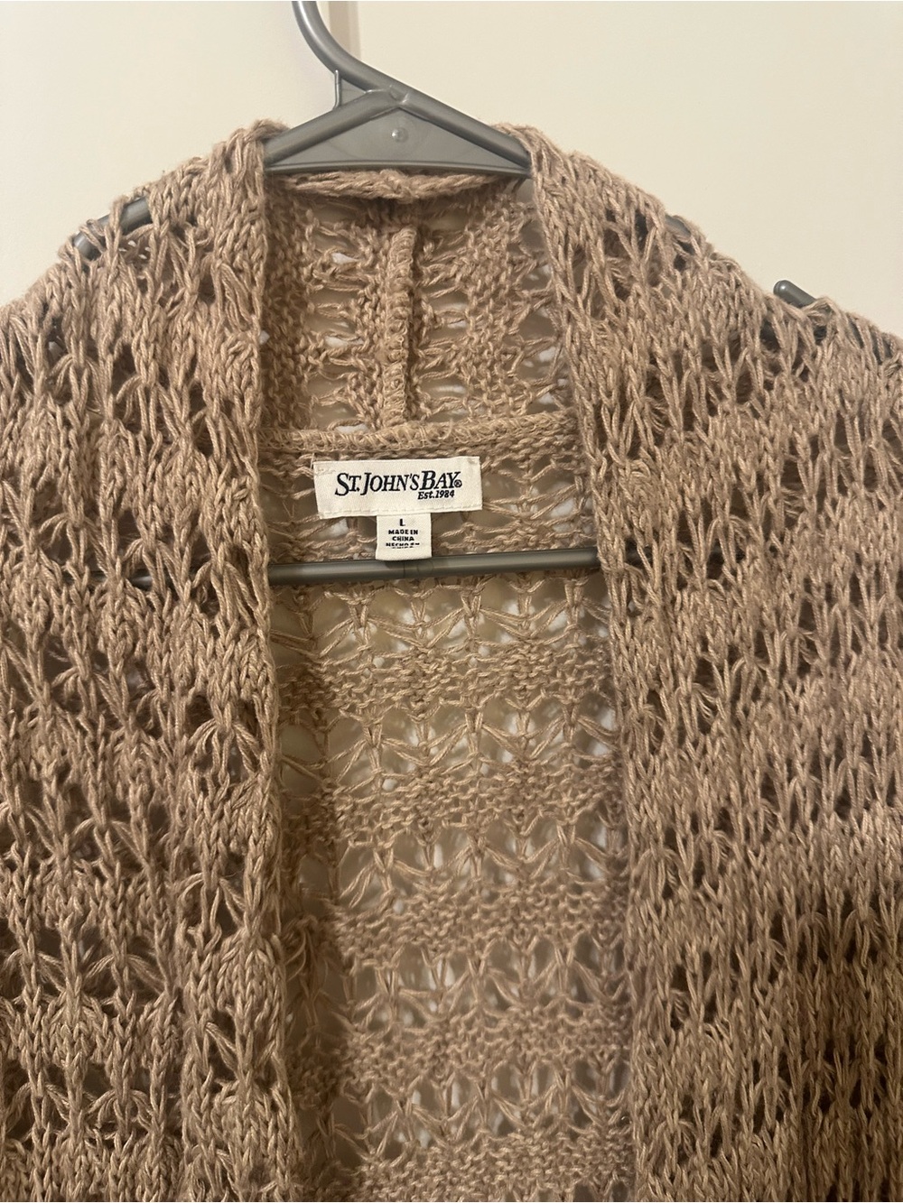 St. John’s Bay Women’s Open Knit Cardigan Kimono Beige w/ Tie Belt